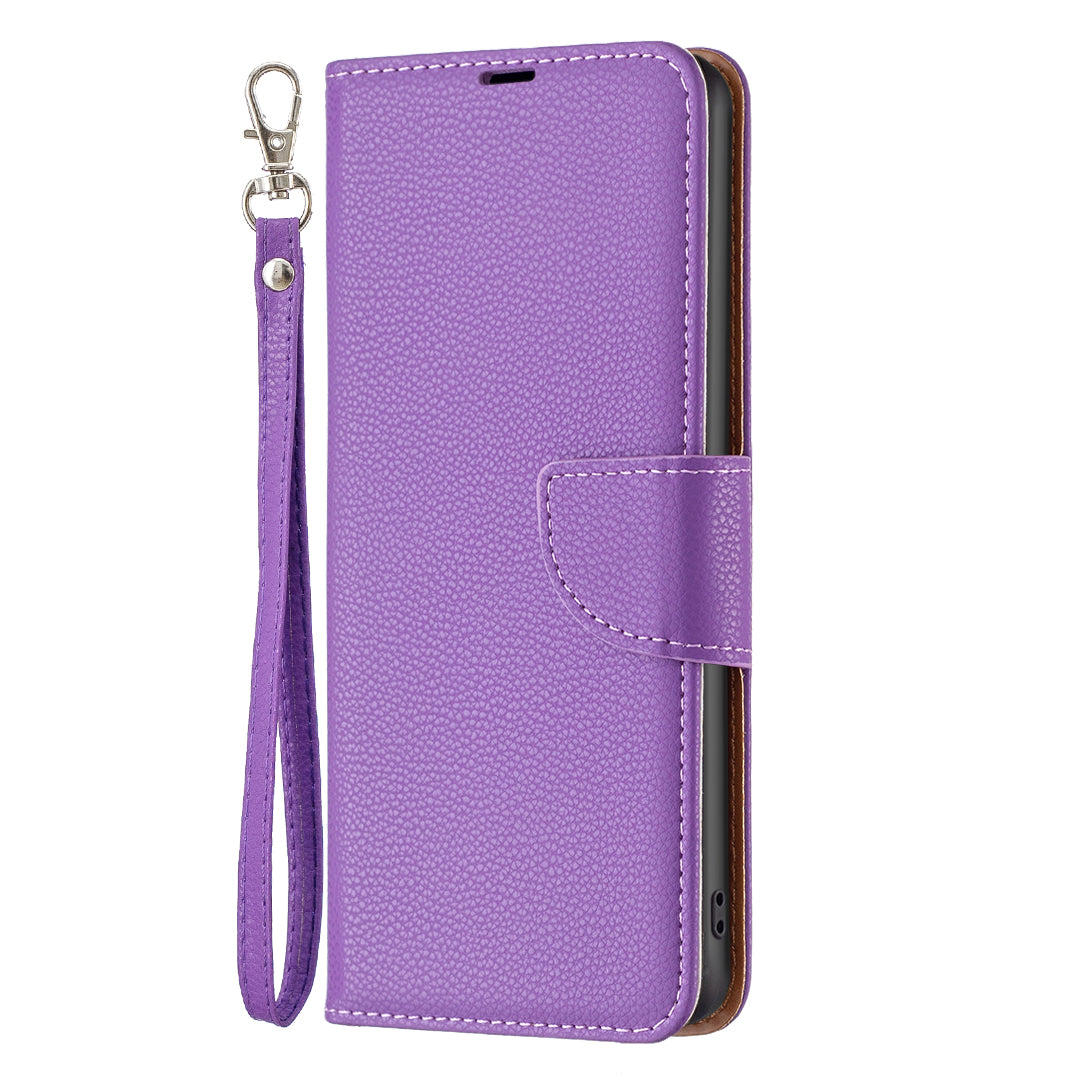 Pro Samsung Galaxy M14 5G PU kožený kryt na peněženku odolný proti poškrábání Litchi Texture Stand Pouzdro na telefon s popruhem