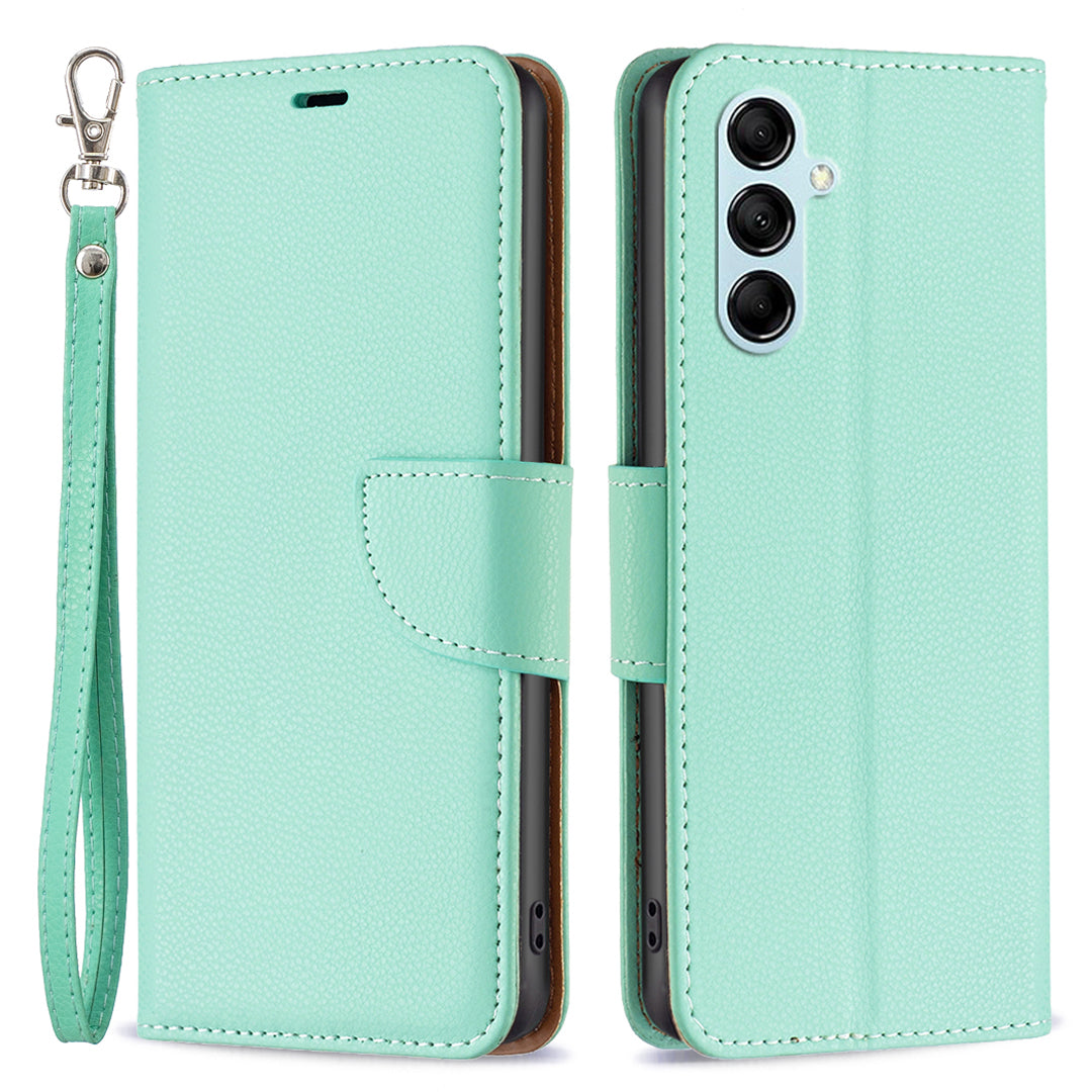 Pro Samsung Galaxy M14 5G PU kožený kryt na peněženku odolný proti poškrábání Litchi Texture Stand Pouzdro na telefon s popruhem