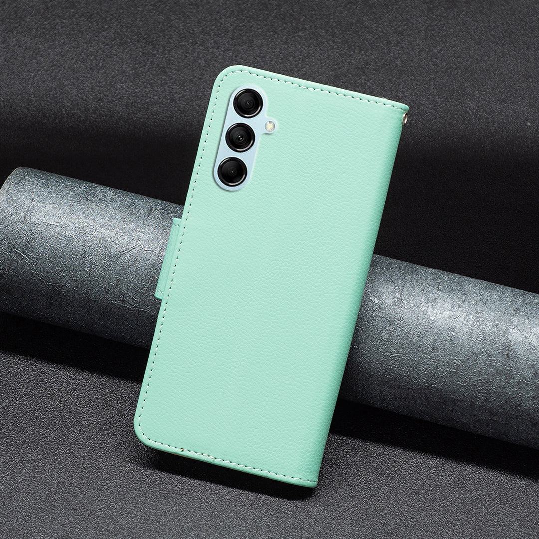 Pro Samsung Galaxy M14 5G PU kožený kryt na peněženku odolný proti poškrábání Litchi Texture Stand Pouzdro na telefon s popruhem
