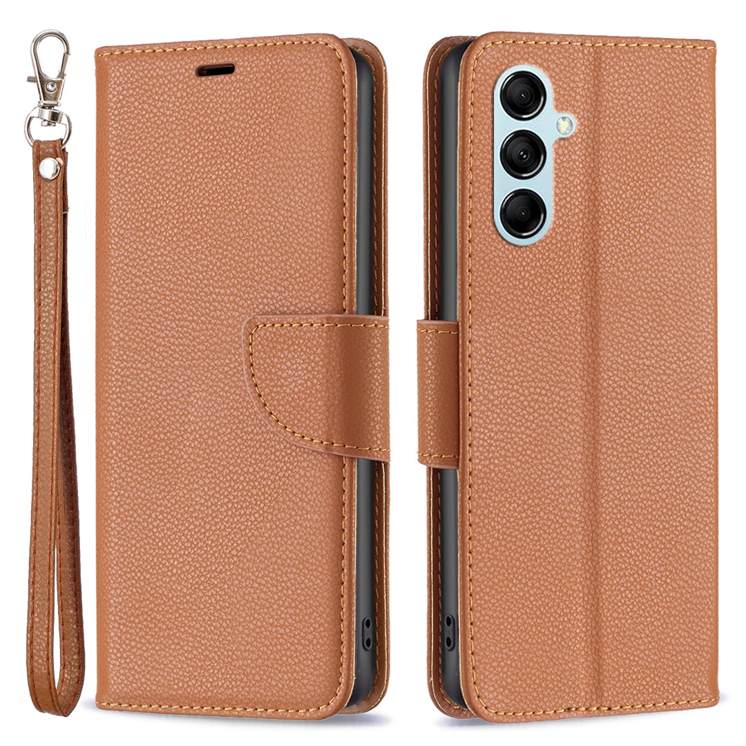 Pro Samsung Galaxy M14 5G PU kožený kryt na peněženku odolný proti poškrábání Litchi Texture Stand Pouzdro na telefon s popruhem