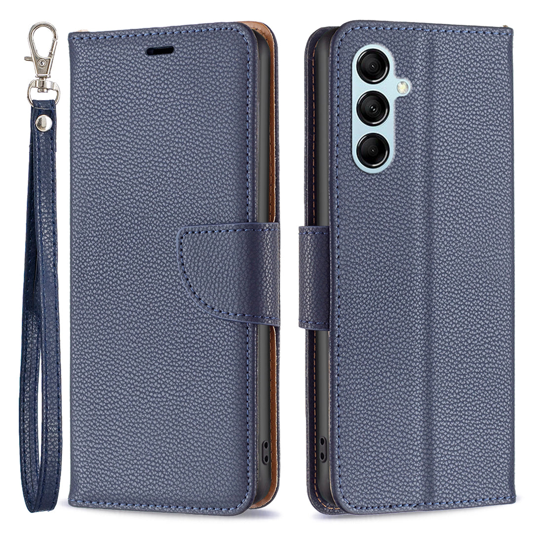 Pro Samsung Galaxy M14 5G PU kožený kryt na peněženku odolný proti poškrábání Litchi Texture Stand Pouzdro na telefon s popruhem