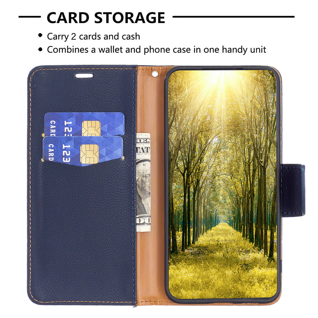 Pro Samsung Galaxy M14 5G PU kožený kryt na peněženku odolný proti poškrábání Litchi Texture Stand Pouzdro na telefon s popruhem