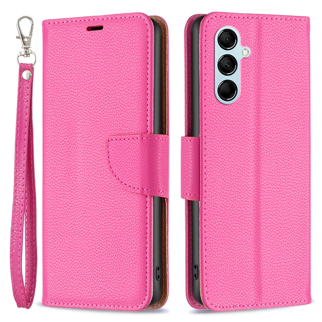 Pro Samsung Galaxy M14 5G PU kožený kryt na peněženku odolný proti poškrábání Litchi Texture Stand Pouzdro na telefon s popruhem
