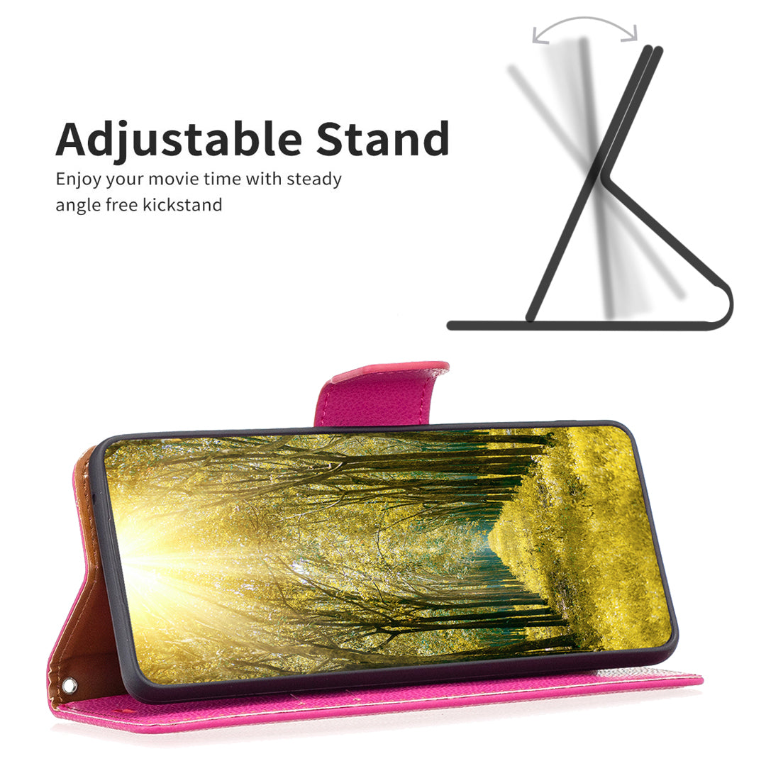 Pro Samsung Galaxy M14 5G PU kožený kryt na peněženku odolný proti poškrábání Litchi Texture Stand Pouzdro na telefon s popruhem
