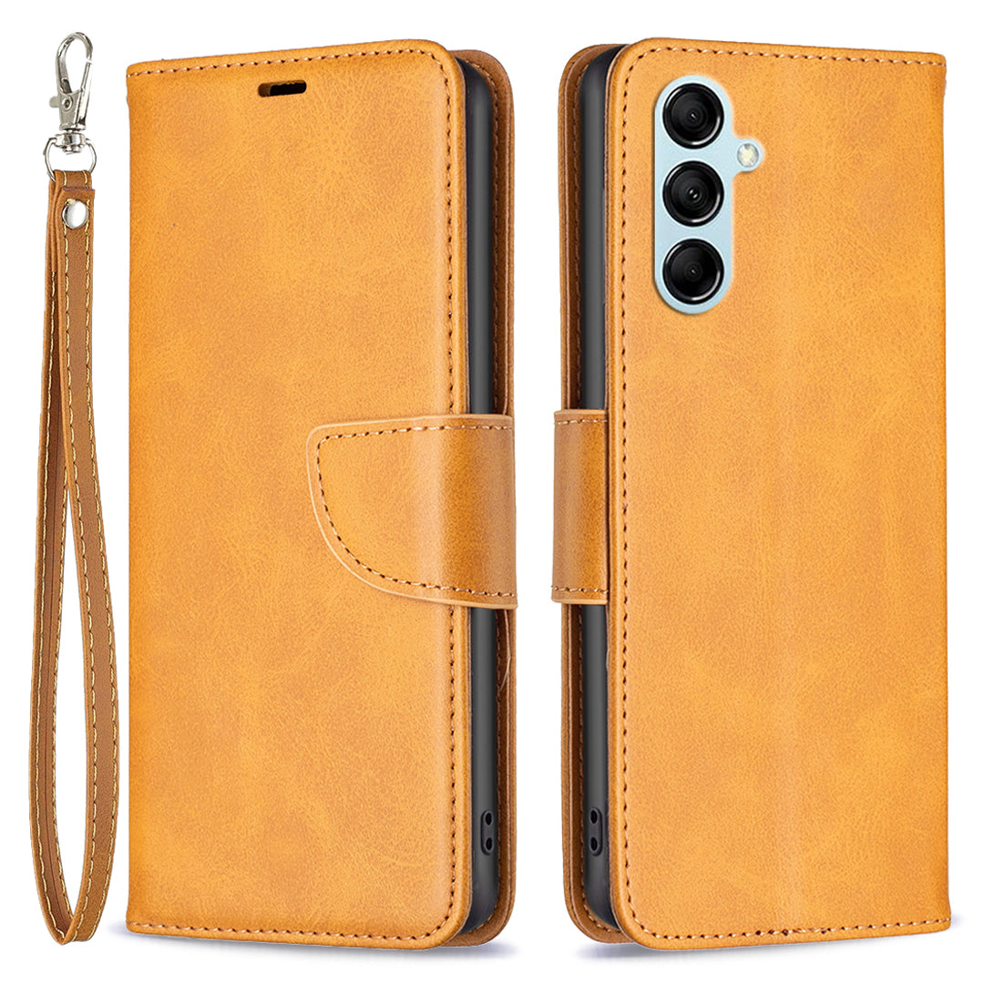 For Samsung Galaxy M14 5G Solid Color Textured PU Leather Wallet Stand Shell Phone Protector Case with Strap
