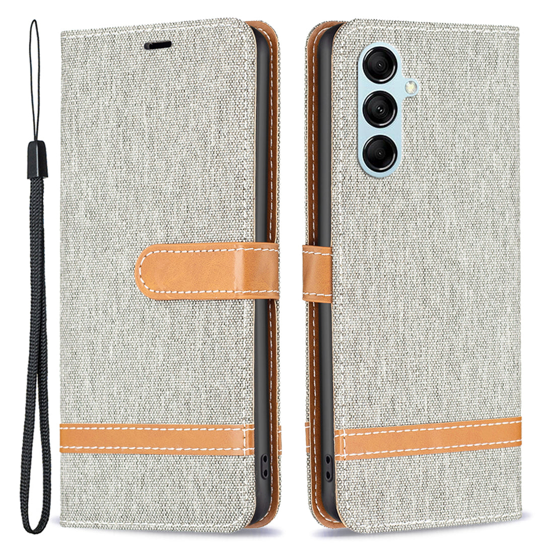 For Samsung Galaxy M14 5G PU Leather Phone Cover Jeans Cloth Splicing Phone Case with Stand Wallet