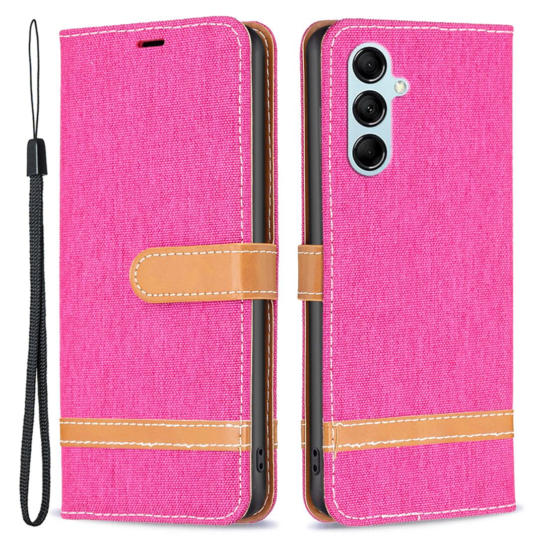 For Samsung Galaxy M14 5G PU Leather Phone Cover Jeans Cloth Splicing Phone Case with Stand Wallet