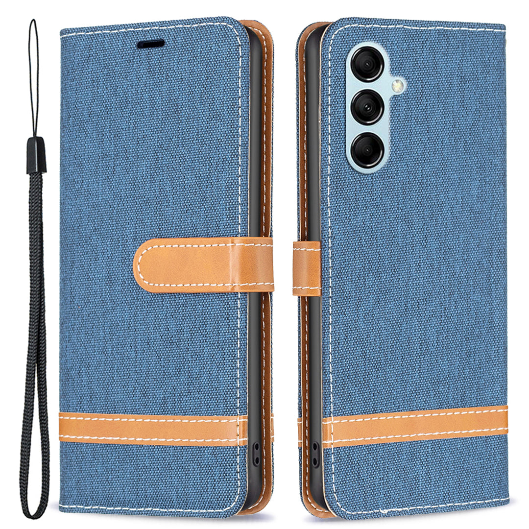 For Samsung Galaxy M14 5G PU Leather Phone Cover Jeans Cloth Splicing Phone Case with Stand Wallet