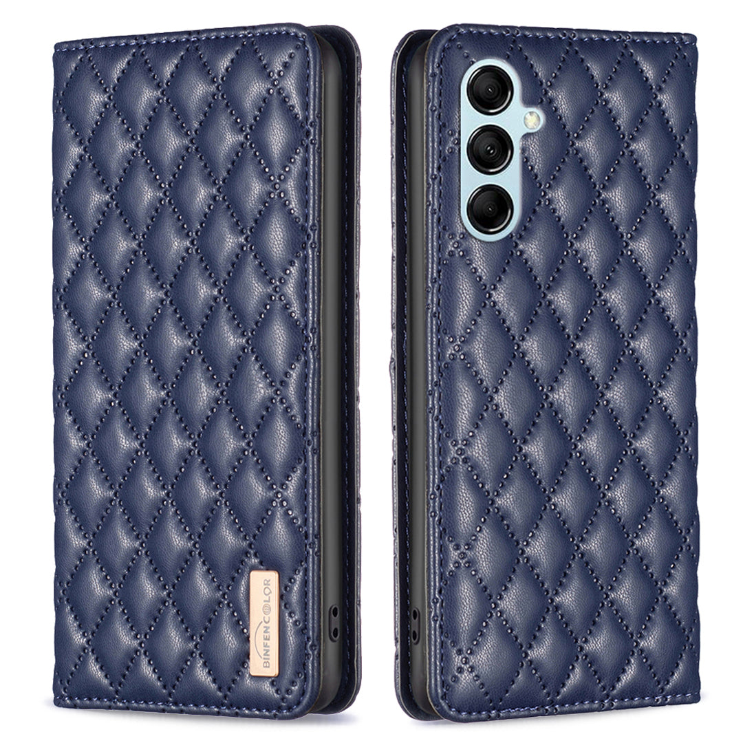 BINFEN COLOR BF Style-16 For Samsung Galaxy M14 5G PU Leather Imprinted Rhombus Case Card Holder Phone Protective Cover