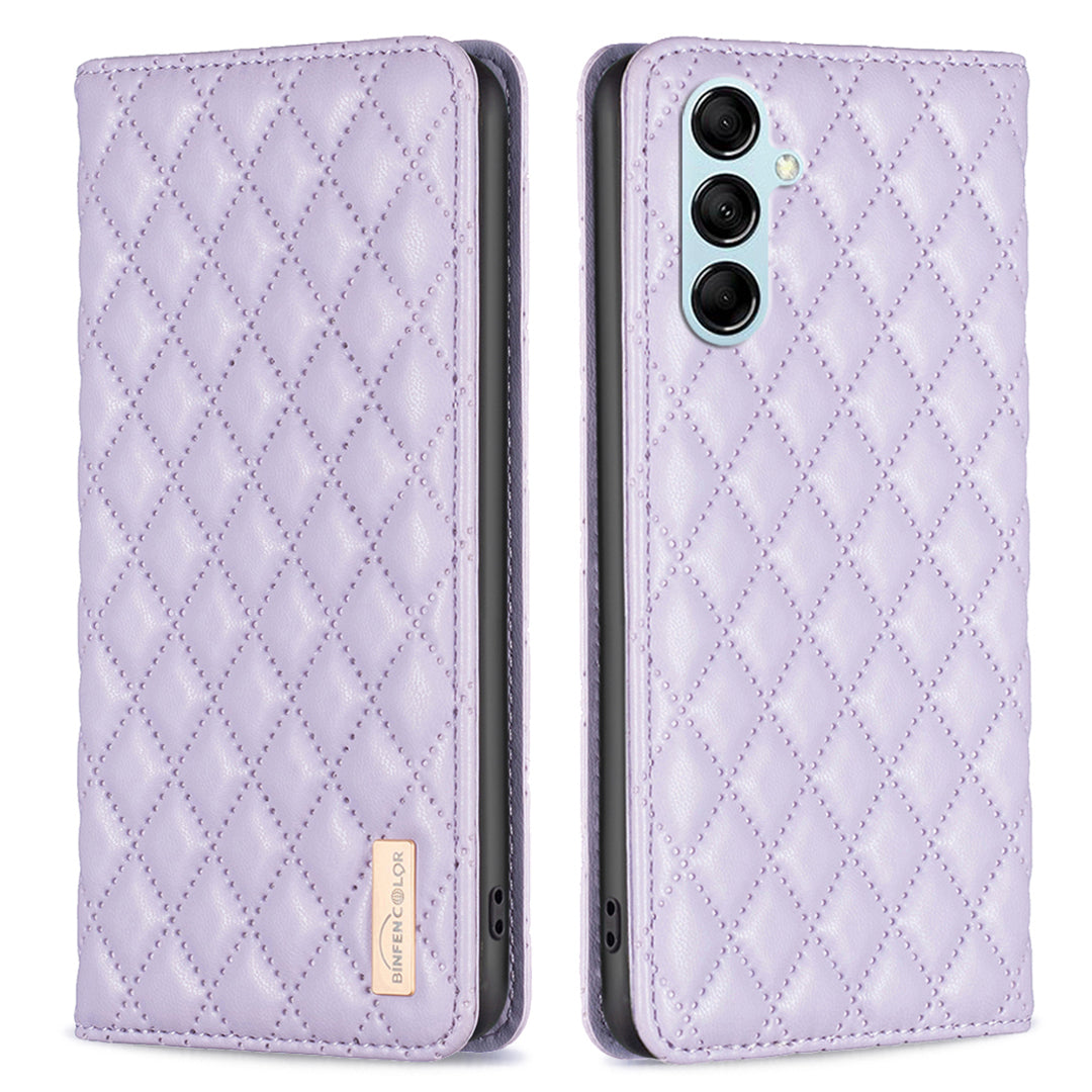BINFEN COLOR BF Style-16 For Samsung Galaxy M14 5G PU Leather Imprinted Rhombus Case Card Holder Phone Protective Cover