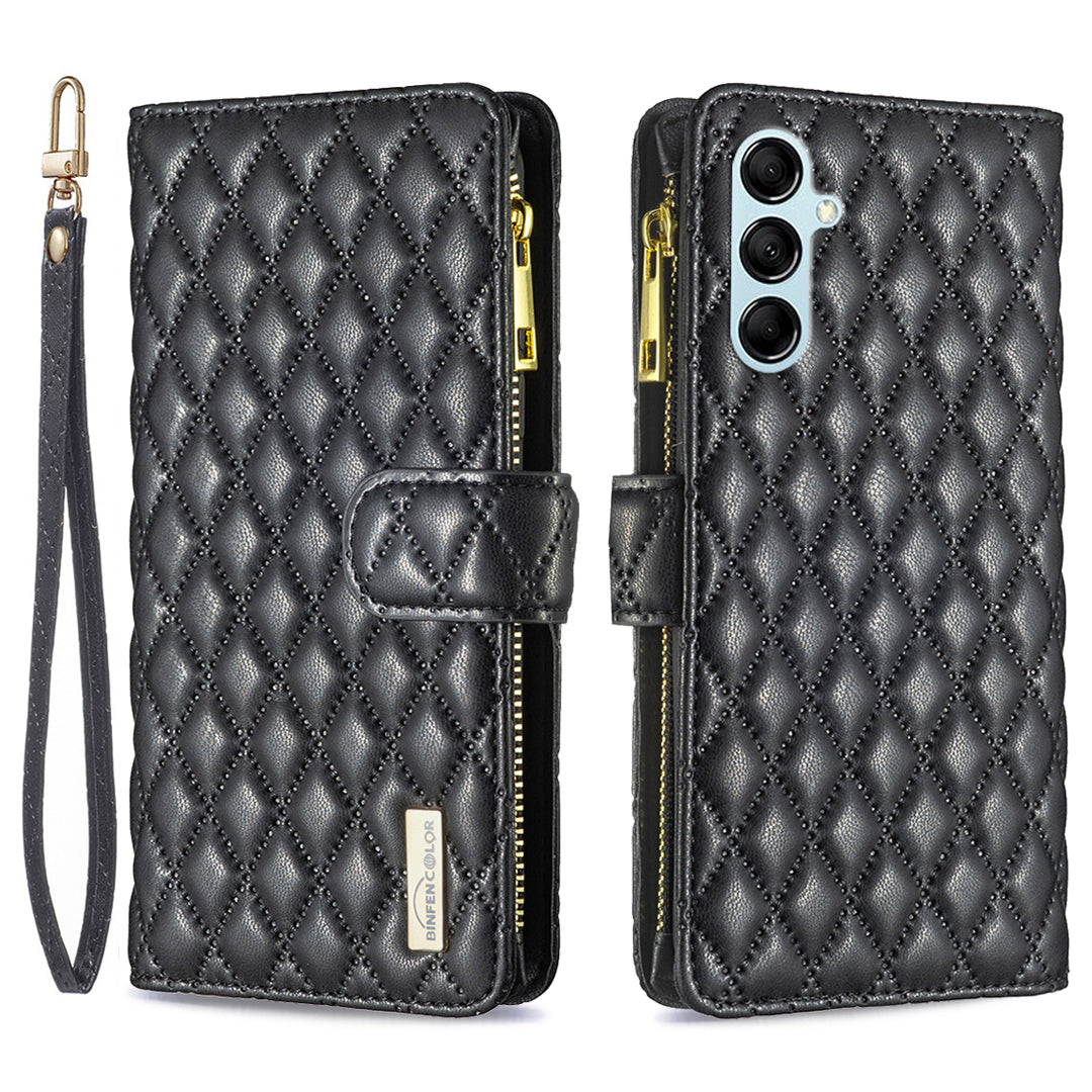 BINFEN COLOR BF Style-15 for Samsung Galaxy M14 5G Zipper Pocket PU Leather Wallet Case Phone Stand Cover