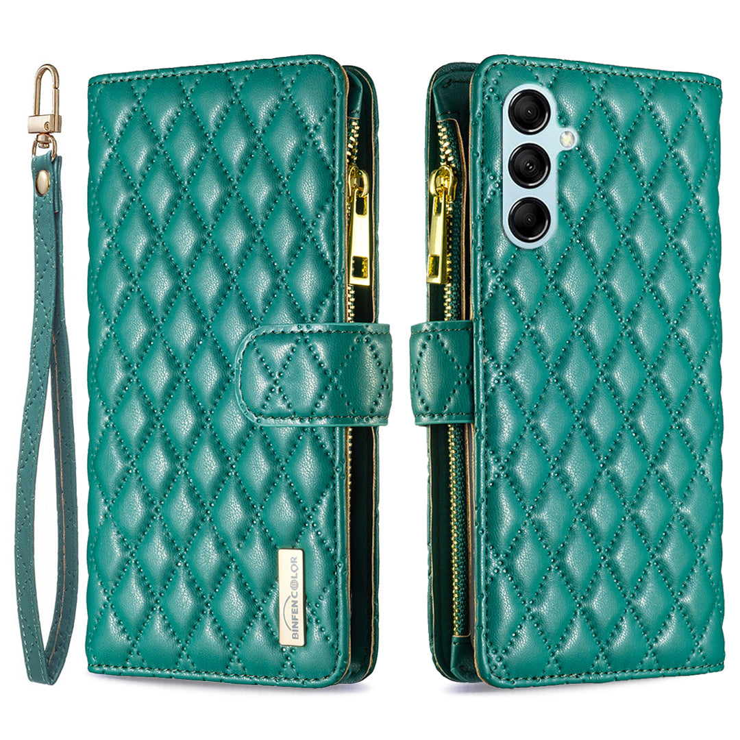 BINFEN COLOR BF Style-15 for Samsung Galaxy M14 5G Zipper Pocket PU Leather Wallet Case Phone Stand Cover