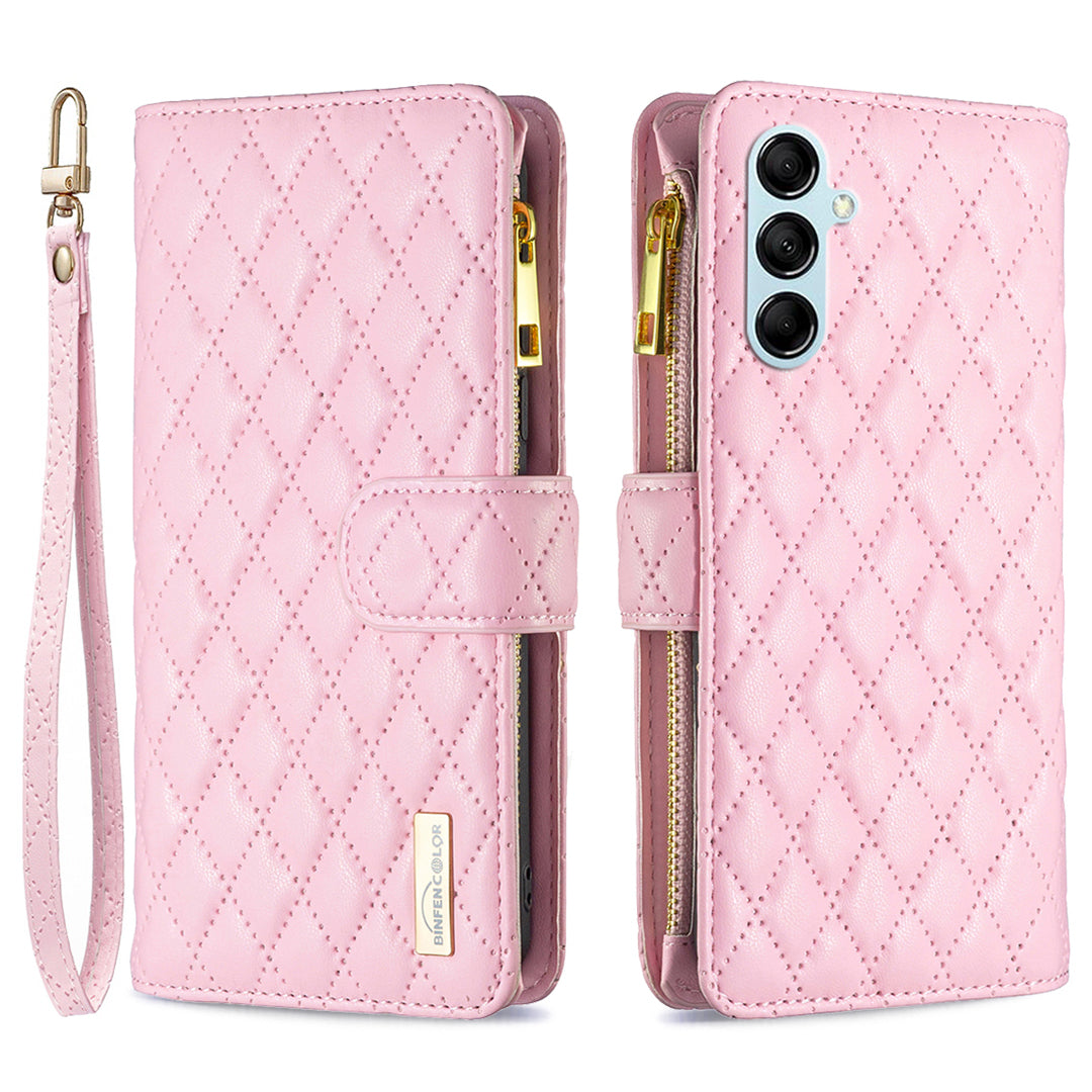 BINFEN COLOR BF Style-15 for Samsung Galaxy M14 5G Zipper Pocket PU Leather Wallet Case Phone Stand Cover
