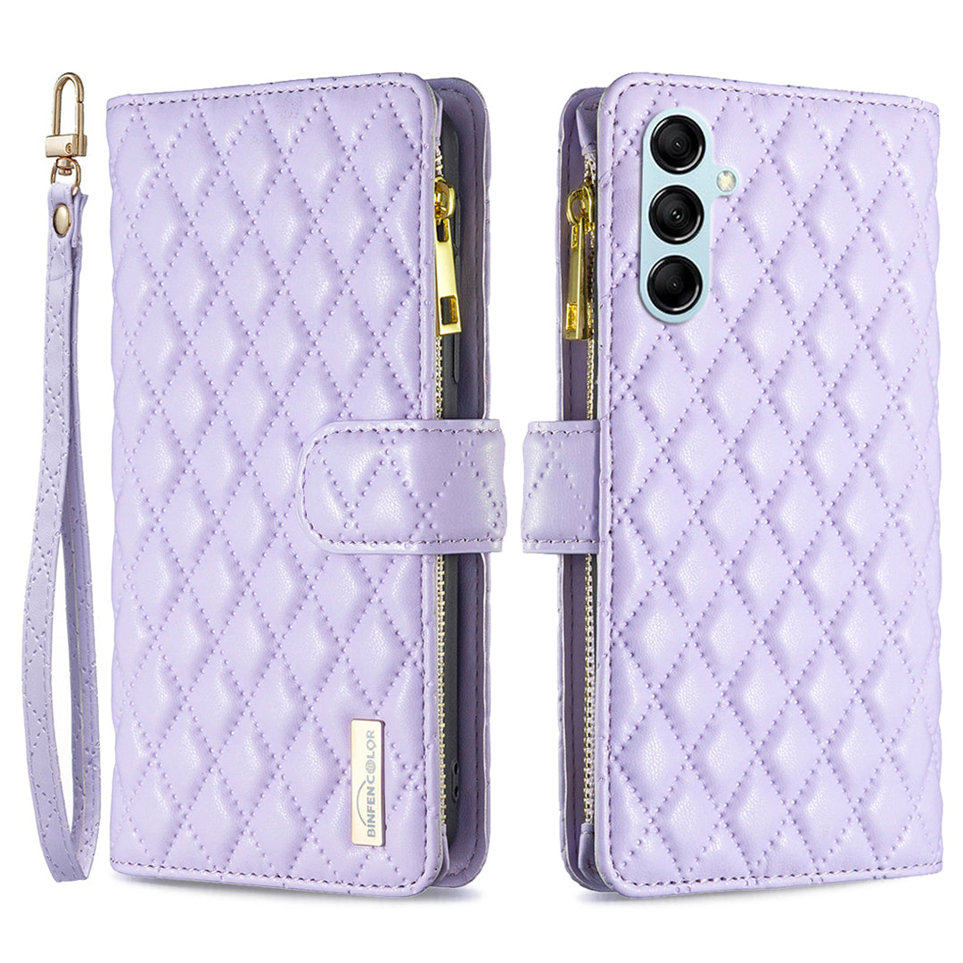 BINFEN COLOR BF Style-15 for Samsung Galaxy M14 5G Zipper Pocket PU Leather Wallet Case Phone Stand Cover