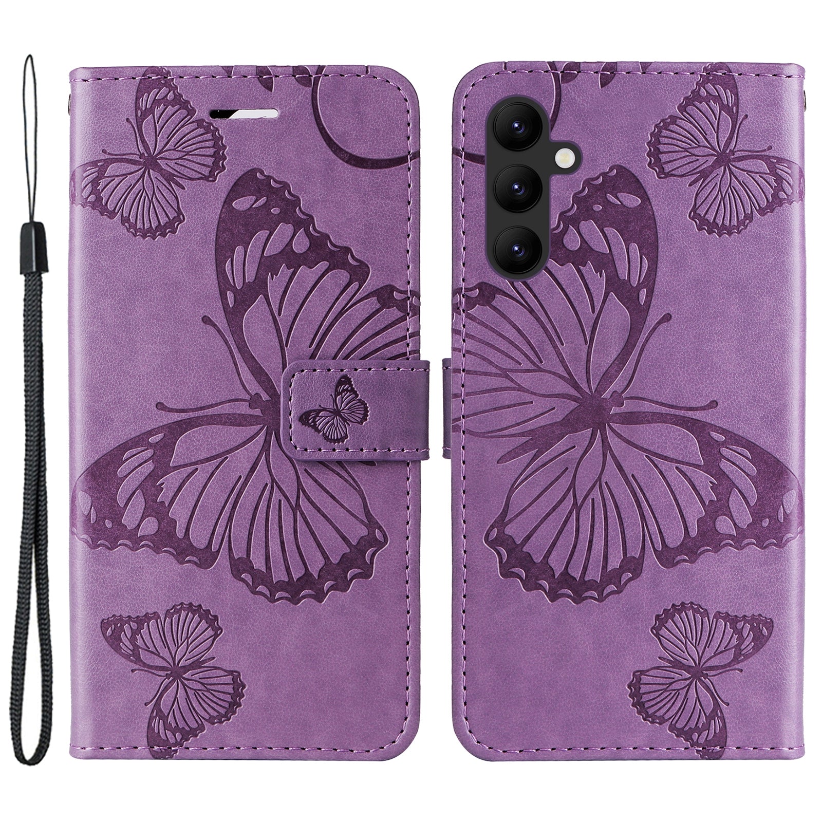 KT Imprinting Flower Series-2 til Samsung Galaxy A24 4G Butterfly Flower præget læderstativ tegnebogstelefontaske med håndstrop