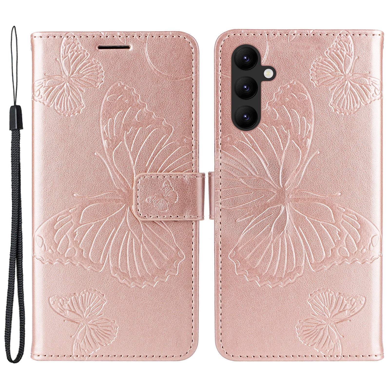 KT Imprinting Flower Series-2 til Samsung Galaxy A24 4G Butterfly Flower præget læderstativ tegnebogstelefontaske med håndstrop