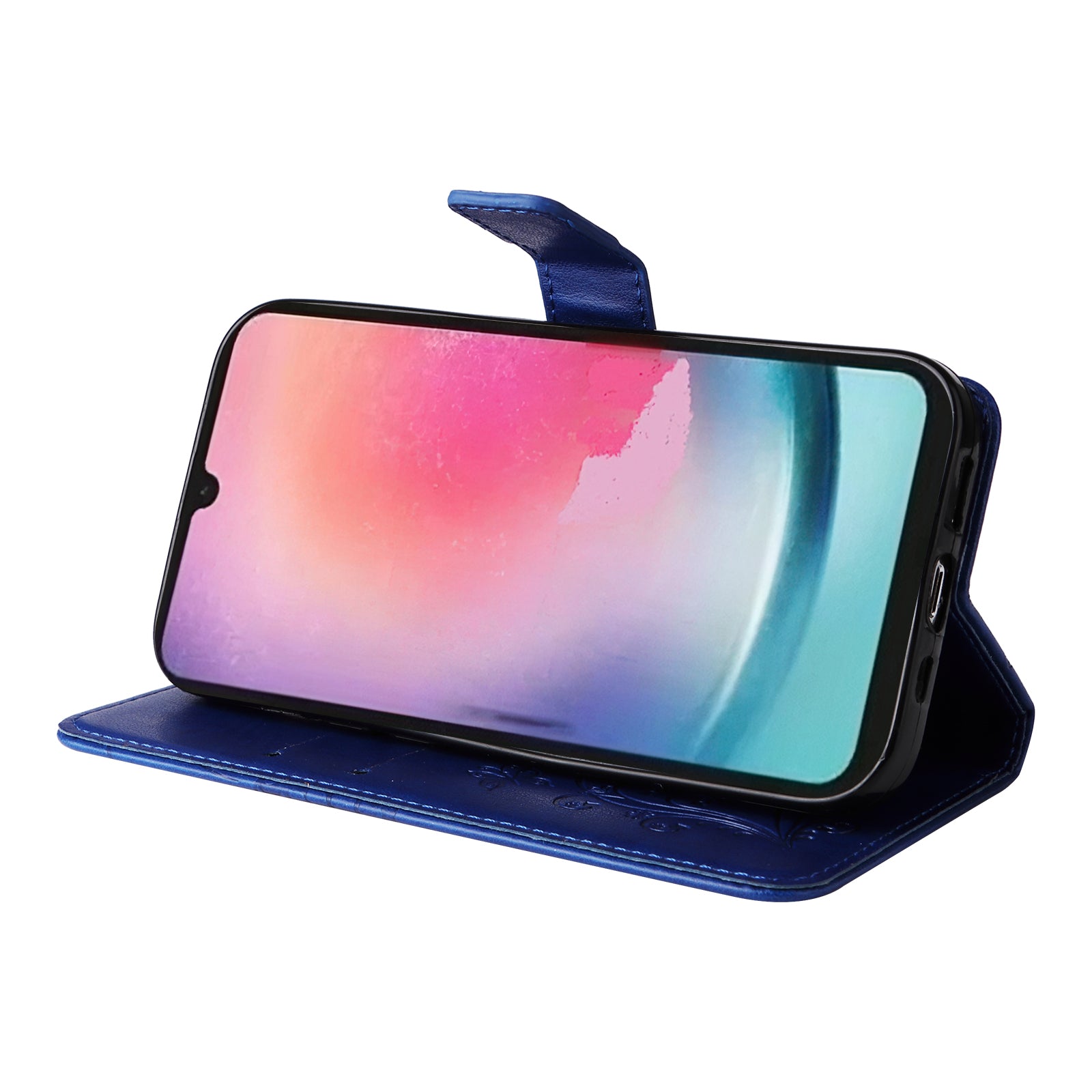 KT Imprinting Flower Series-2 til Samsung Galaxy A24 4G Butterfly Flower præget læderstativ tegnebogstelefontaske med håndstrop