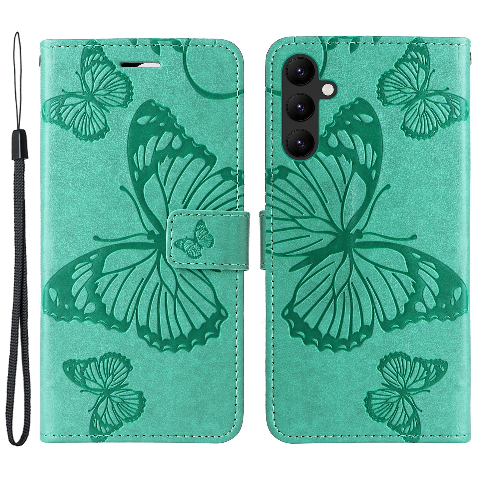 KT Imprinting Flower Series-2 til Samsung Galaxy A24 4G Butterfly Flower præget læderstativ tegnebogstelefontaske med håndstrop