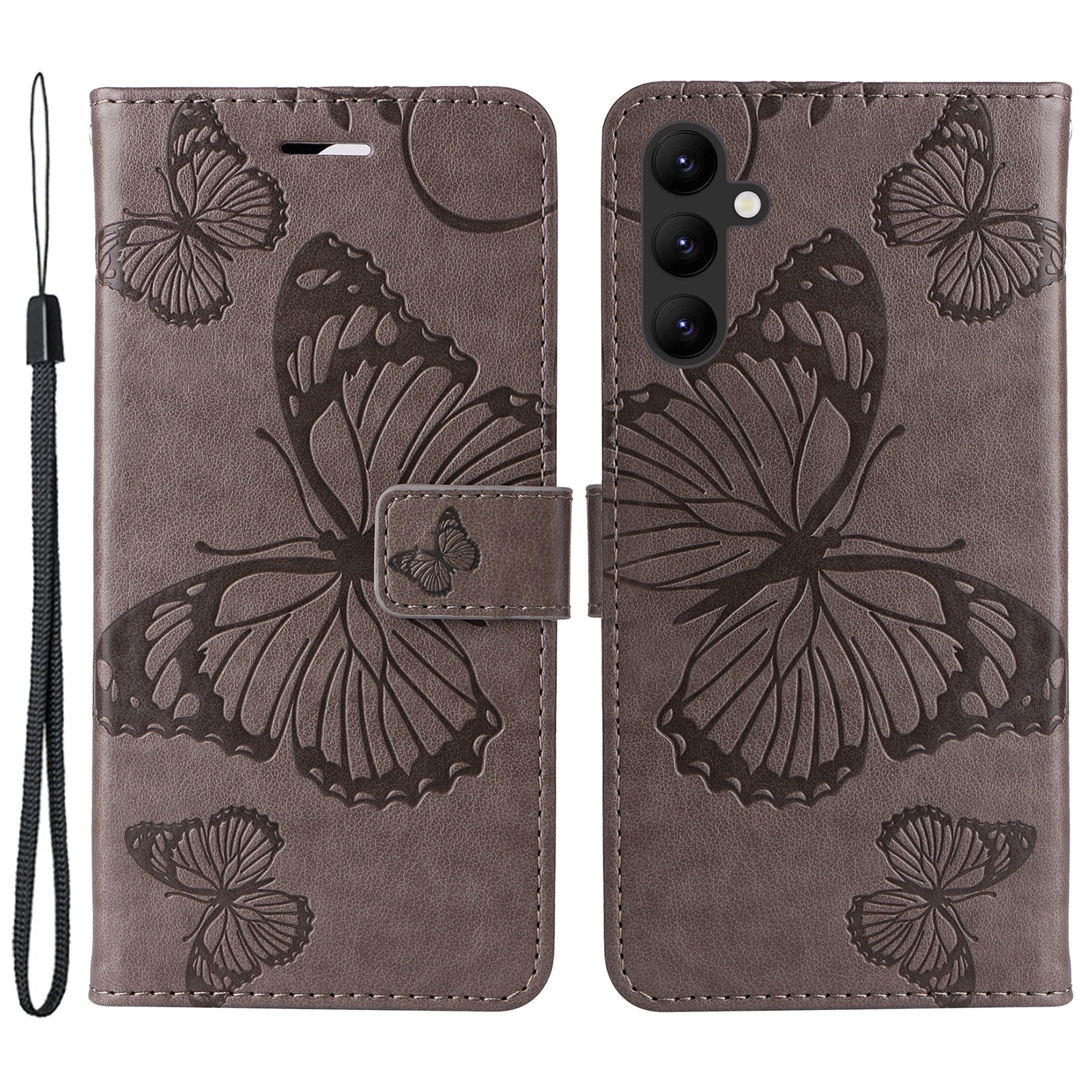 KT Imprinting Flower Series-2 til Samsung Galaxy A24 4G Butterfly Flower præget læderstativ tegnebogstelefontaske med håndstrop