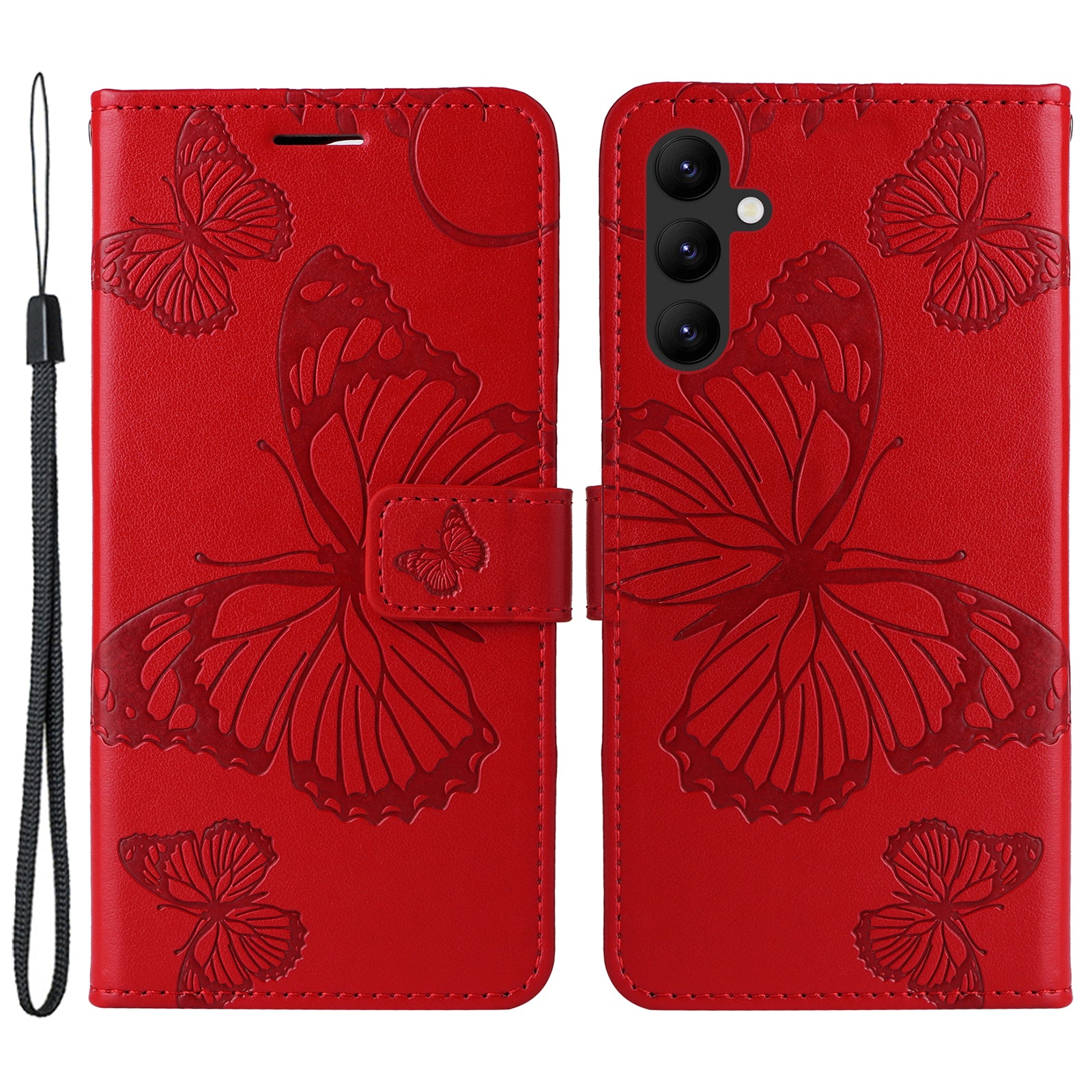 KT Imprinting Flower Series-2 For Samsung Galaxy A24 4G Butterfly Flower Imprinted Leather Stand Wallet Phone Case with Hand Strap