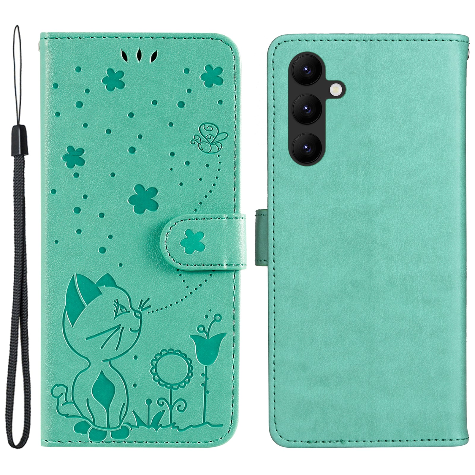KT Imprinting Flower Series-4 for Samsung Galaxy A24 4G Stand Phone Cover Wallet Imprinted Cat Bee Leather Case