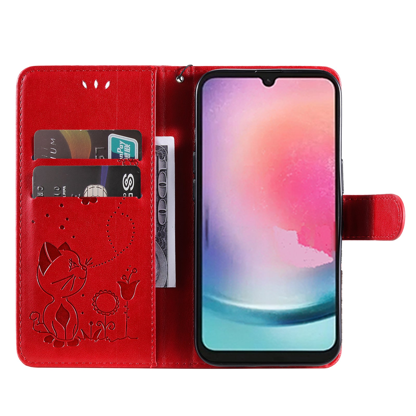 KT Imprinting Flower Series-4 for Samsung Galaxy A24 4G Stand Phone Cover Wallet Imprinted Cat Bee Leather Case