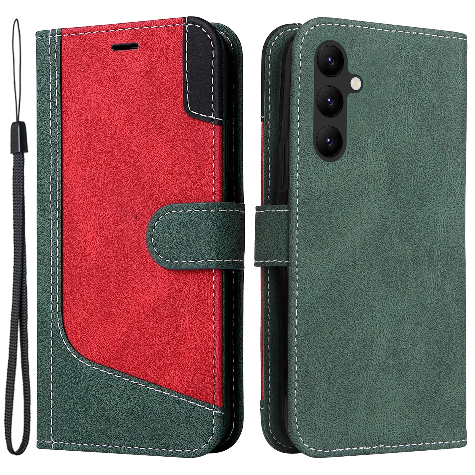 KT Leather Series-5 for Samsung Galaxy A24 4G Tri-color Splicing Phone Leather Case with Strap Stand Wallet Cell Phone Cover