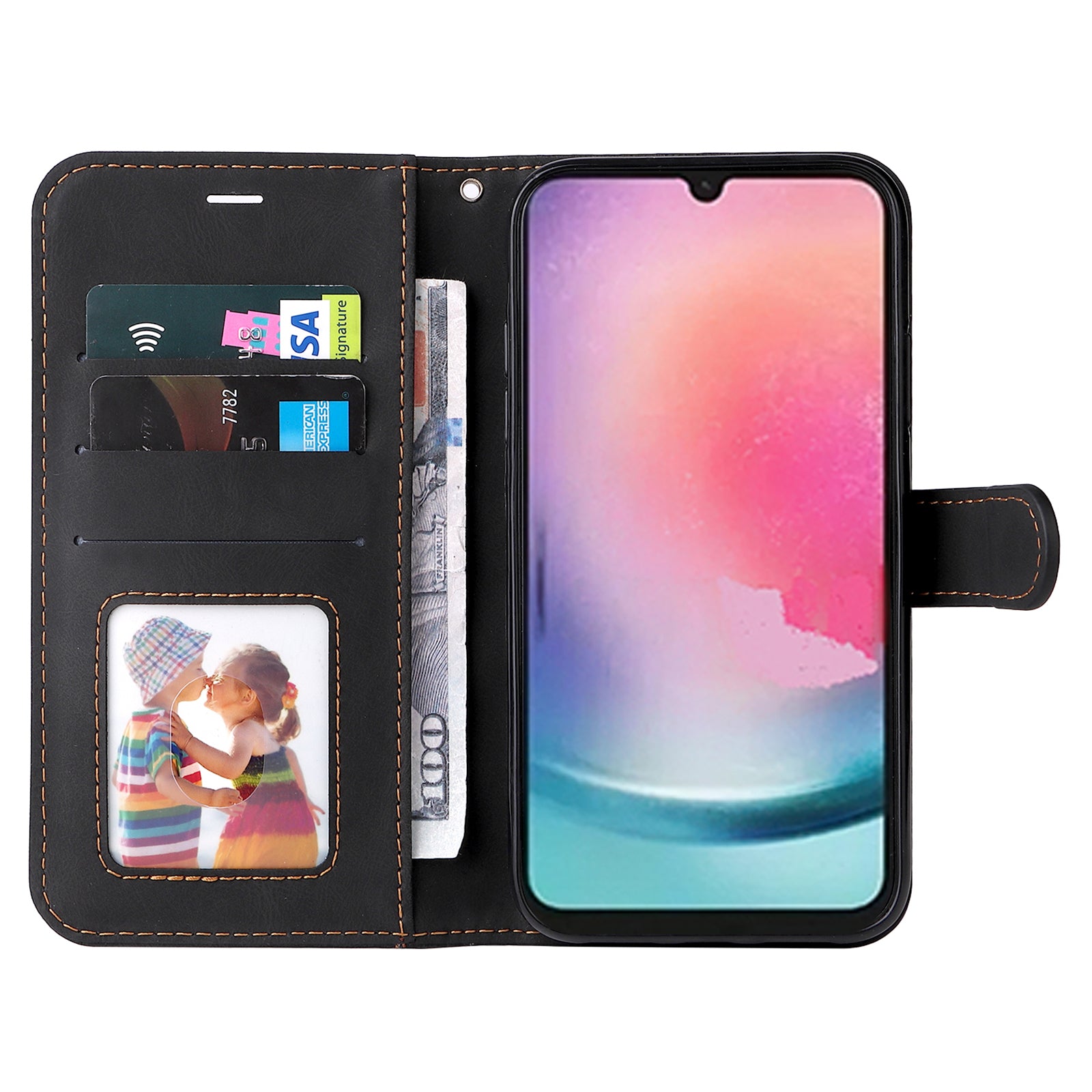 KT Leather Series-5 for Samsung Galaxy A24 4G Tri-color Splicing Phone Leather Case with Strap Stand Wallet Cell Phone Cover