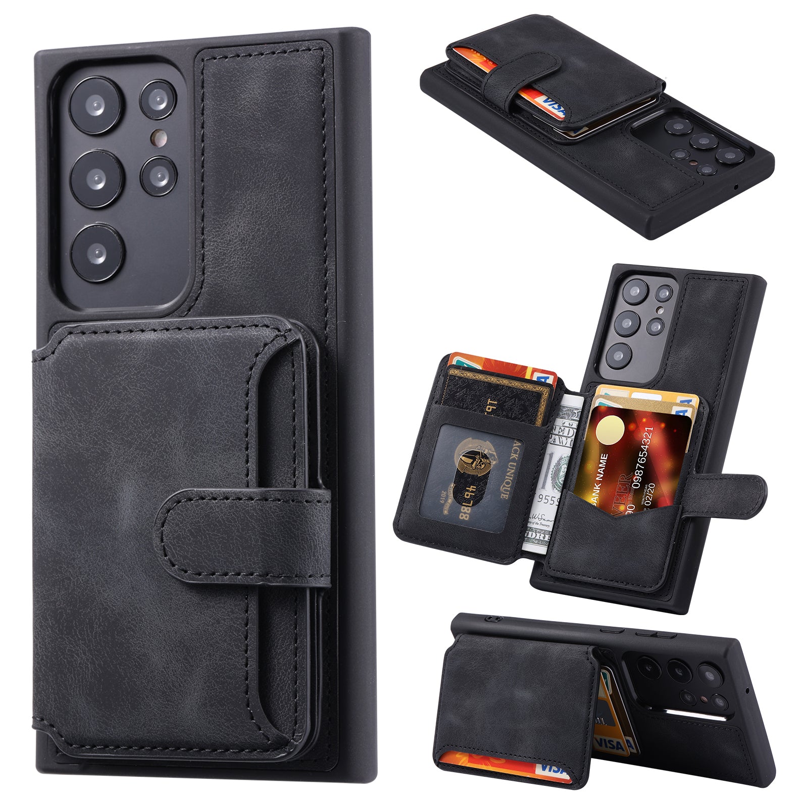 For Samsung Galaxy S22 Ultra 5G RFID Blocking Wallet Phone Cover Kickstand Leather Coated TPU Case