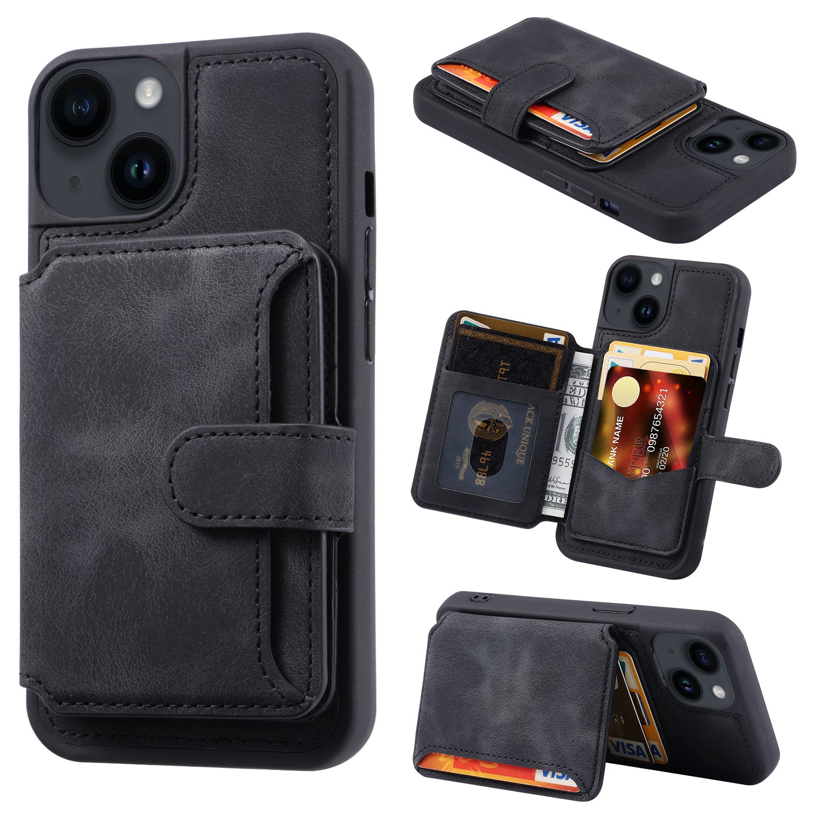 RFID Blocking Wallet Case for iPhone 14 Kickstand PU Leather Coated TPU Phone Cover