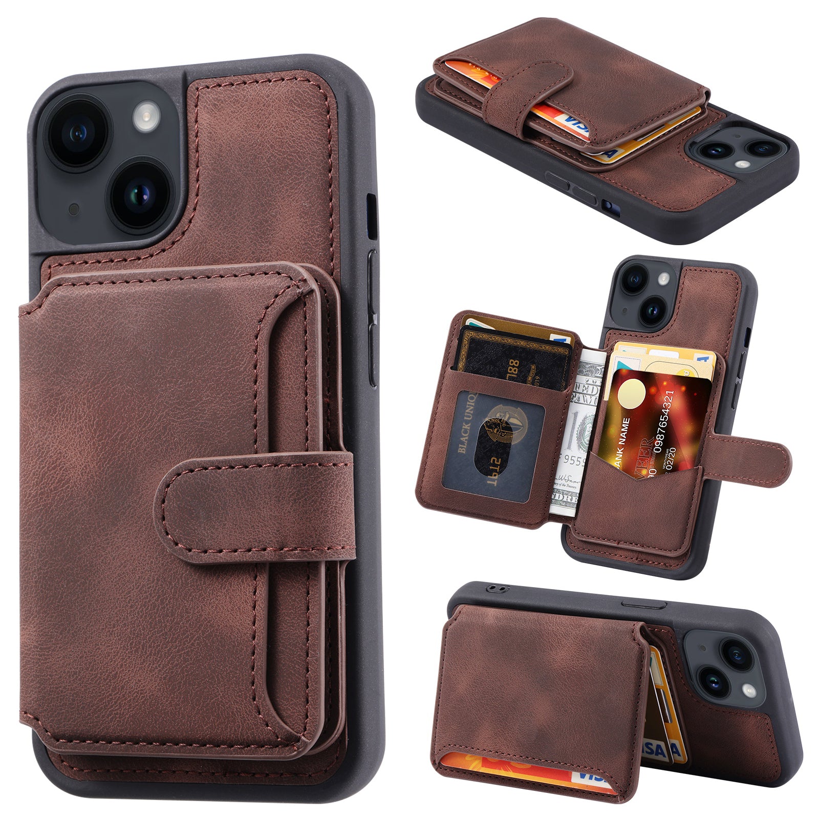 RFID Blocking Wallet Case for iPhone 14 Kickstand PU Leather Coated TPU Phone Cover