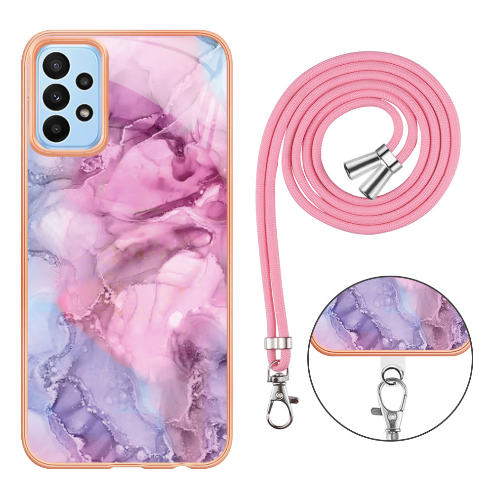 For Samsung Galaxy A13 4G YB IMD Series-18 Style E 2.0mm TPU Phone Case Electroplating Marble Pattern IMD Cover with Lanyard