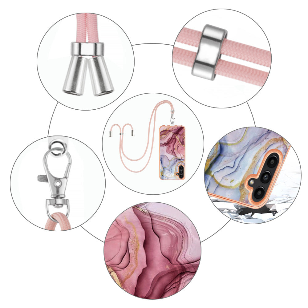 For Samsung Galaxy A13 5G / M13 5G / A04 4G (164.4 x 76.3 x 9.1 mm) YB IMD Series-18 Style E Electroplating 2.0mm TPU Phone Case Marble Pattern IMD Cover with Lanyard