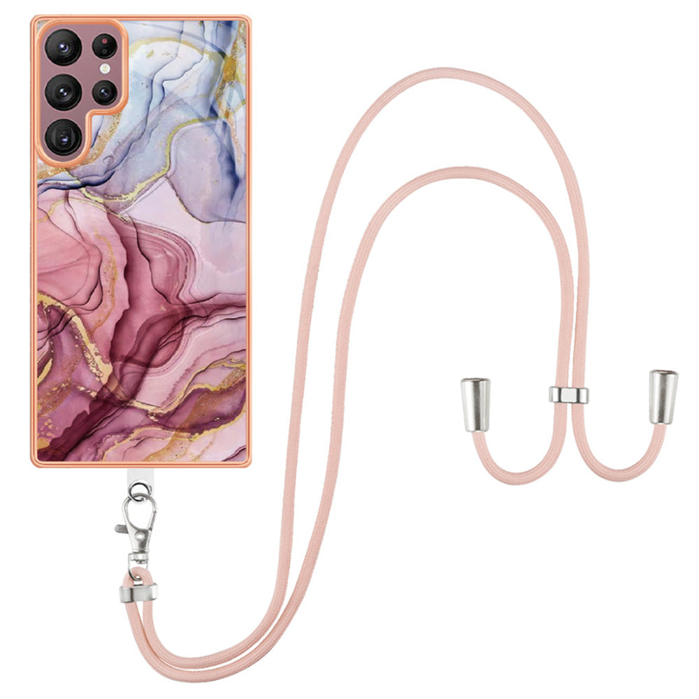 For Samsung Galaxy S23 Ultra Phone Case YB IMD Series-18 Style E 2.0mm TPU Electroplating Marble Pattern IMD Cover with Lanyard