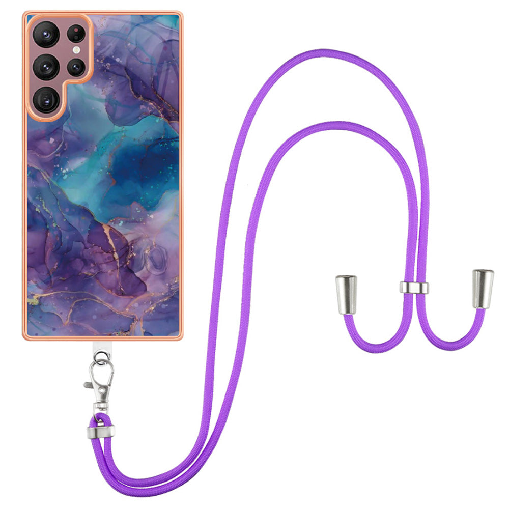 For Samsung Galaxy S23 Ultra Phone Case YB IMD Series-18 Style E 2.0mm TPU Electroplating Marble Pattern IMD Cover with Lanyard