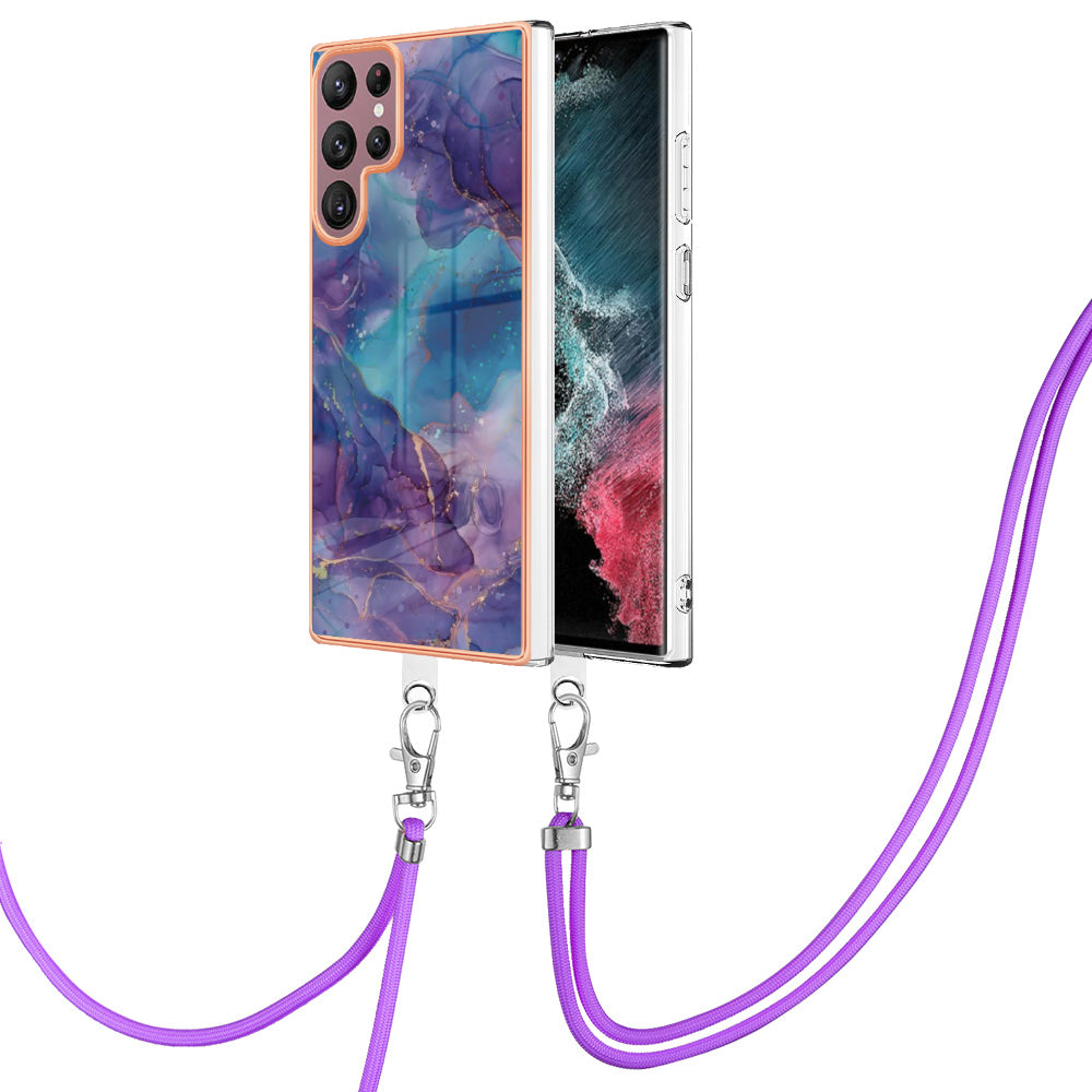 For Samsung Galaxy S23 Ultra Phone Case YB IMD Series-18 Style E 2.0mm TPU Electroplating Marble Pattern IMD Cover with Lanyard