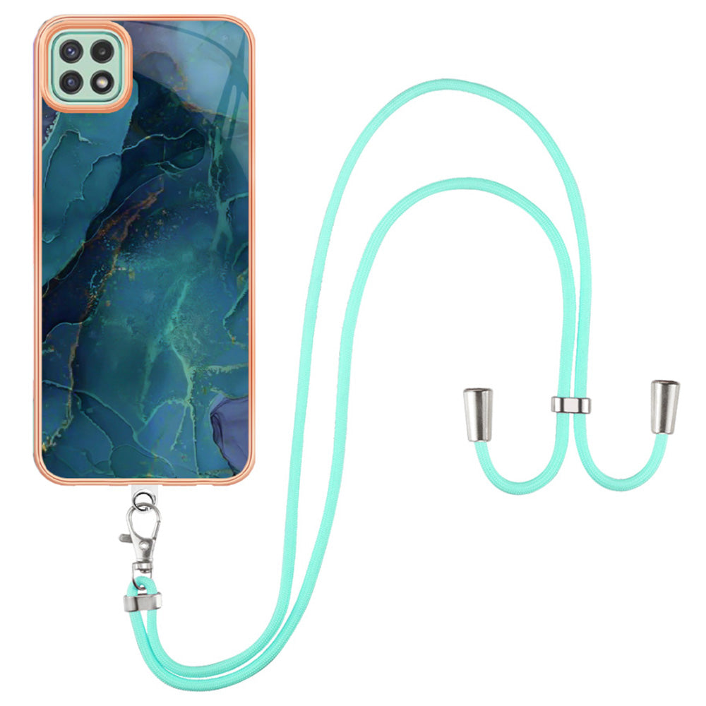 For Samsung Galaxy A22 5G (EU Version) YB IMD Series-18 Style E 2.0mm Marble Pattern IMD TPU Phone Case Electroplating Cover with Lanyard