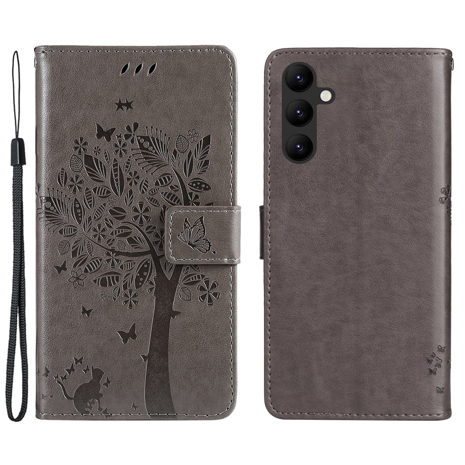 KT Imprinting Flower Series-3 Imprinted Cat Tree Phone Case for Samsung Galaxy A24 4G Leather Wallet Stand Cover