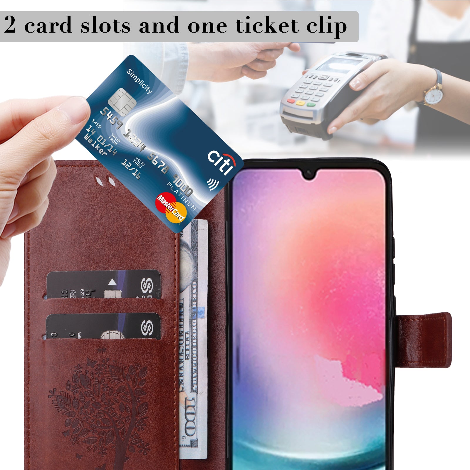 KT Imprinting Flower Series-3 Imprinted Cat Tree Phone Case for Samsung Galaxy A24 4G Leather Wallet Stand Cover