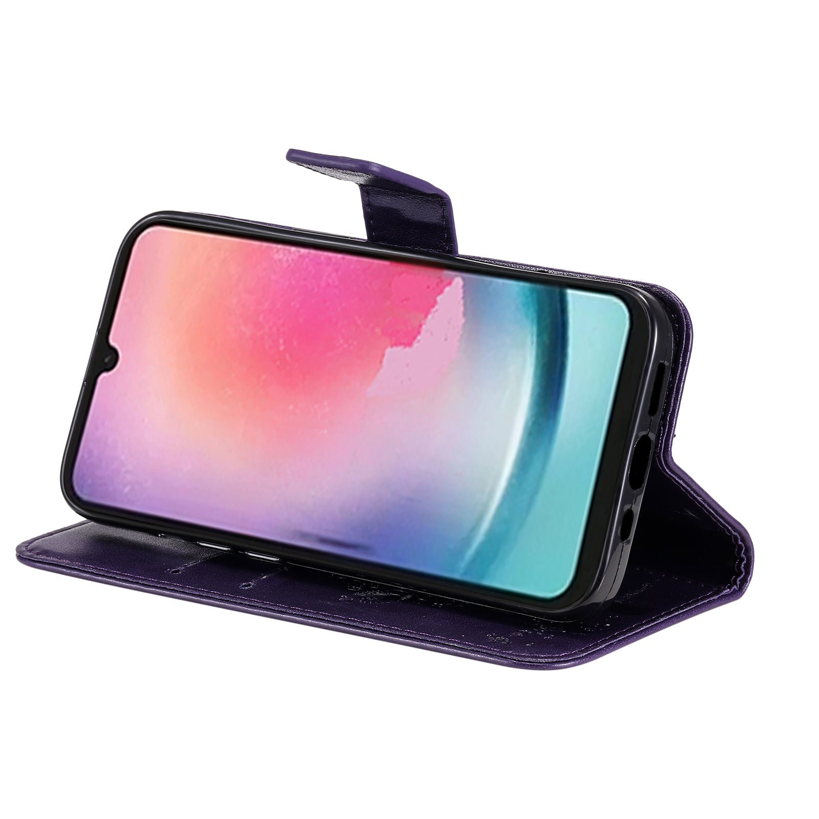 KT Imprinting Flower Series-3 Imprinted Cat Tree Phone Case for Samsung Galaxy A24 4G Leather Wallet Stand Cover