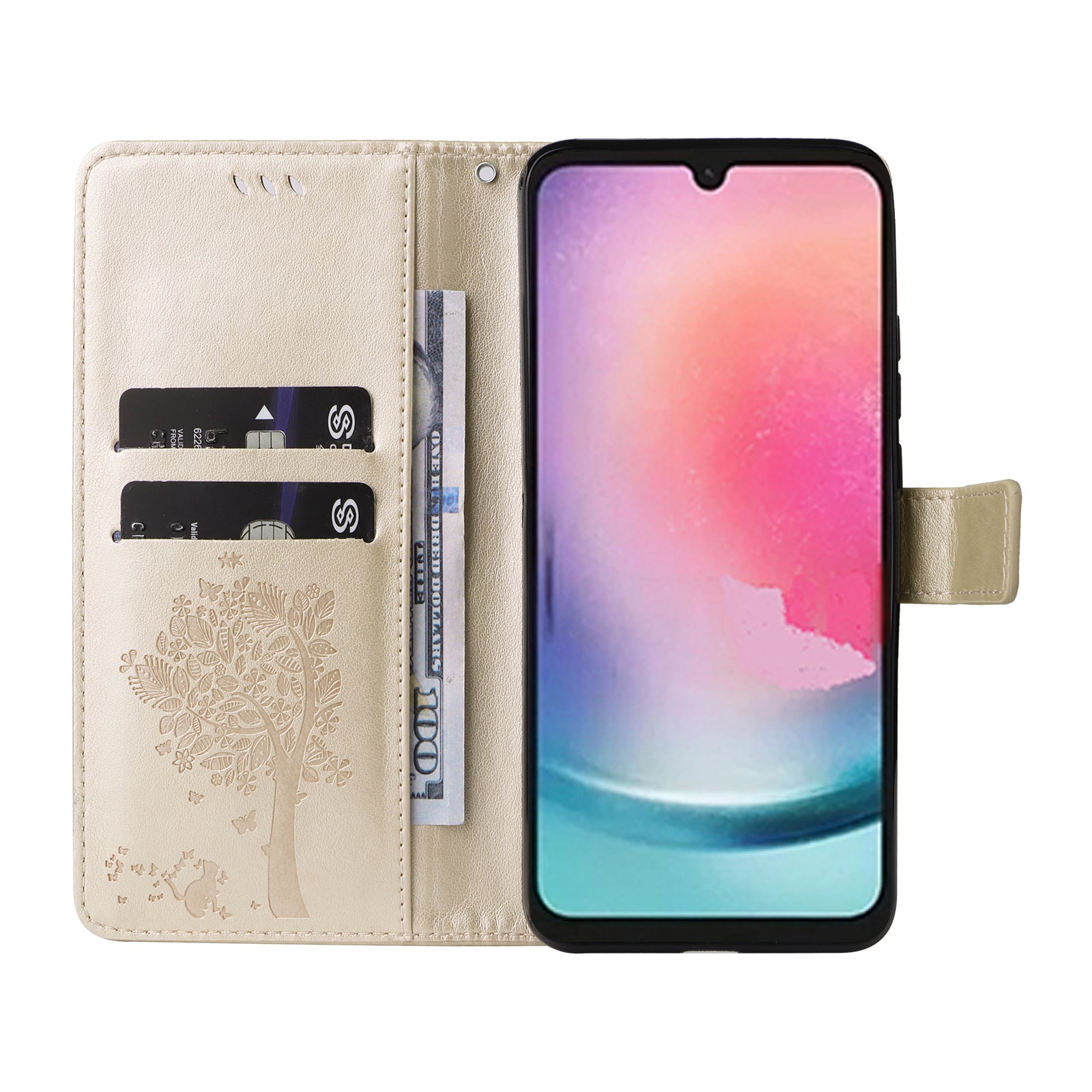 KT Imprinting Flower Series-3 Imprinted Cat Tree Phone Case for Samsung Galaxy A24 4G Leather Wallet Stand Cover