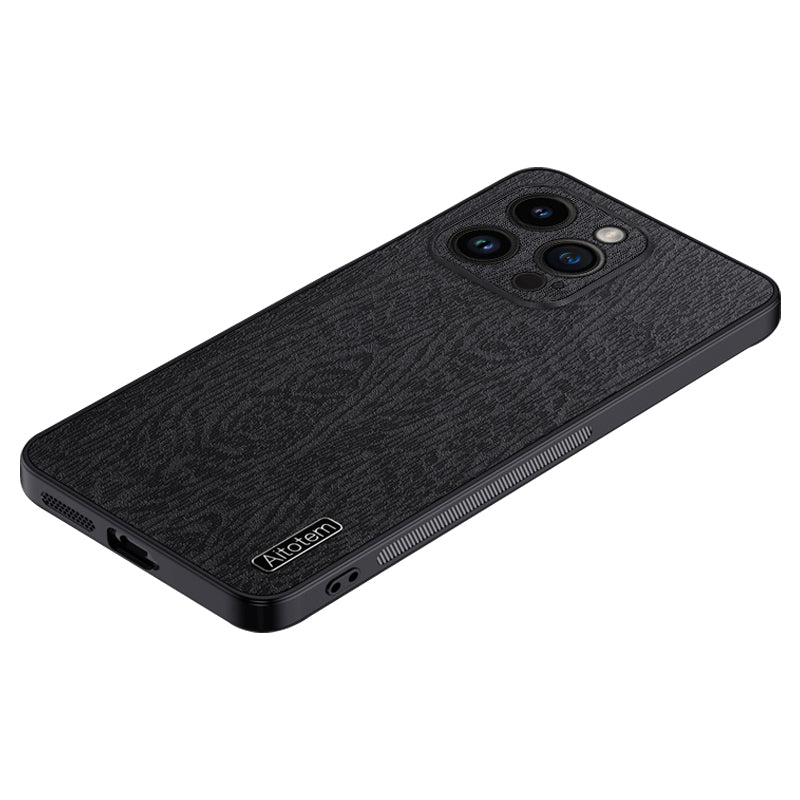 Wood Grain Slim Case for iPhone 14 Pro PU Leather PC TPU Phone Cover with Camera Lens Protector