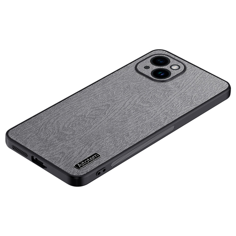 For iPhone 14 Plus Wood Grain Phone Cover PU Leather PC TPU Case with All-wrapped Camera Protection