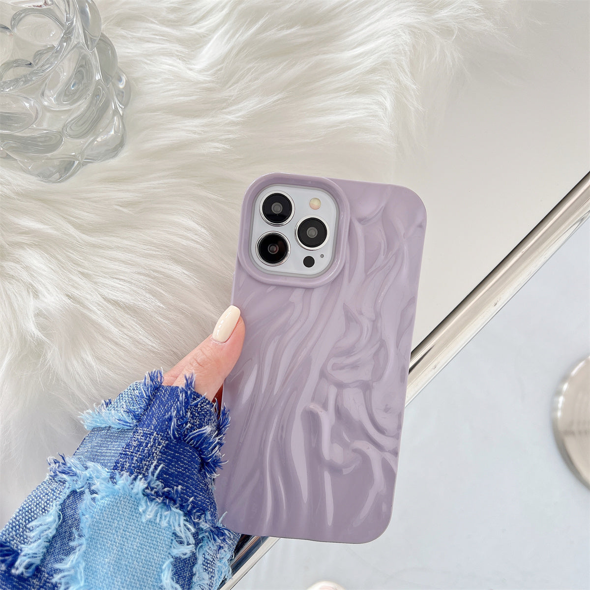 Glossy Phone Case for iPhone 13 Pro 6.1 inch Pleat Design Drop-proof Soft TPU Back Protective Cover