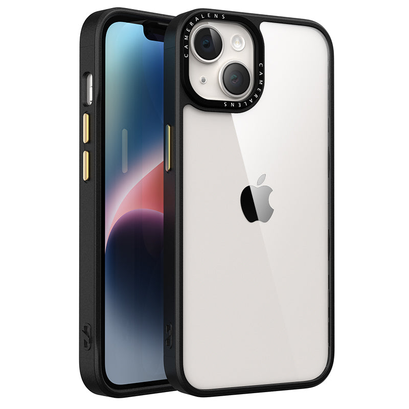 For iPhone 14 Clear Phone Case PC TPU Shockproof Back Cover with Metal Buttons