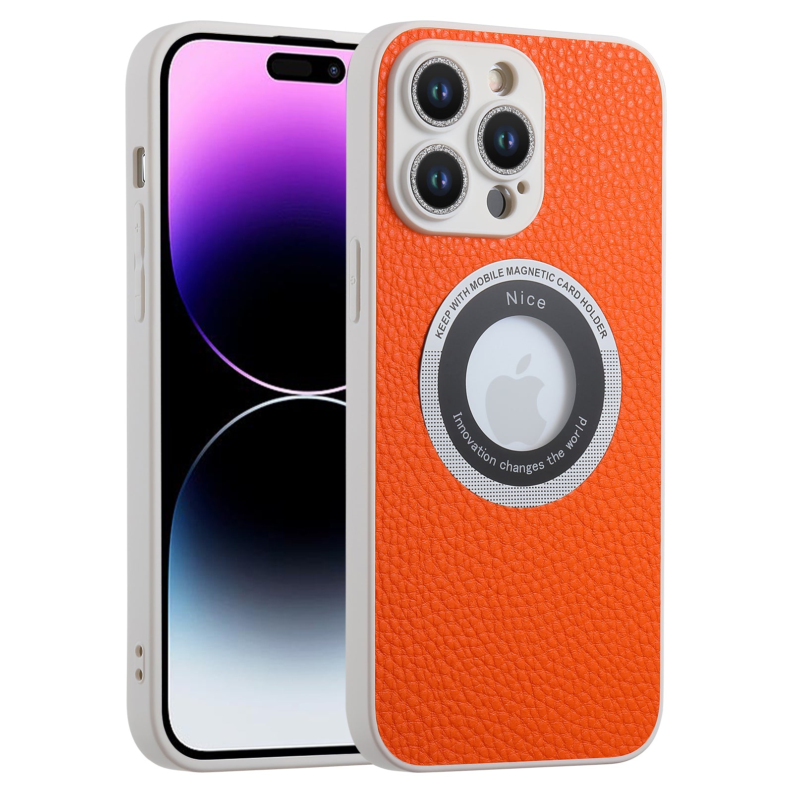 For iPhone 14 Pro Max Phone Case Compatible with MagSafe Leather Coated TPU Cover with Glitter Glass Lens Protector