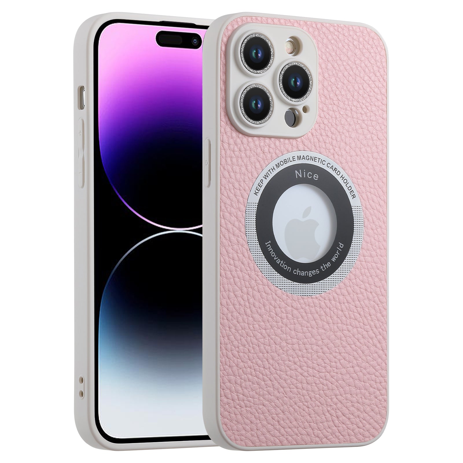 For iPhone 14 Pro Max Phone Case Compatible with MagSafe Leather Coated TPU Cover with Glitter Glass Lens Protector