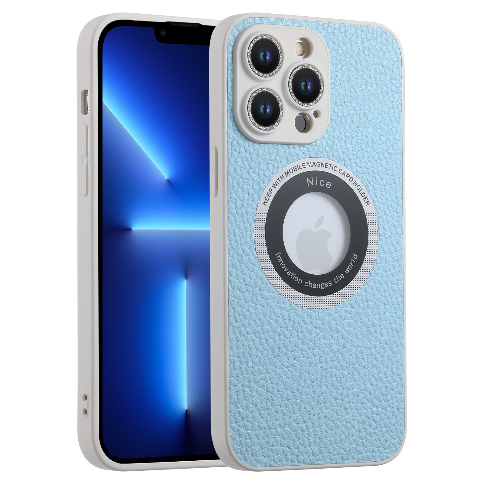 Pro iPhone 13 Pro magnetické pouzdro na telefon kompatibilní s MagSafe Glitter Glass Lens Protector koženým TPU krytem