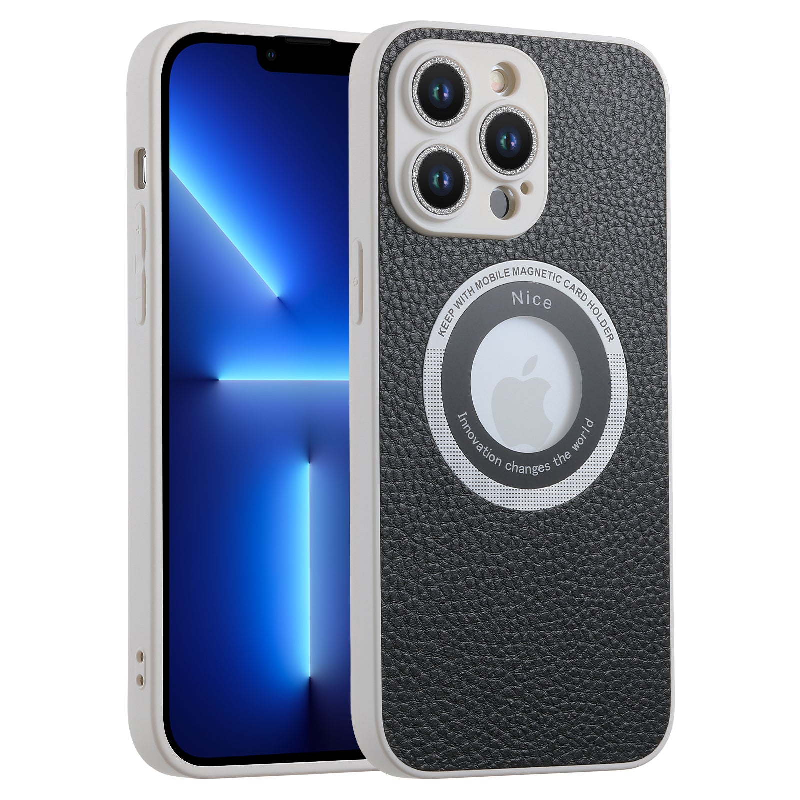 Pro iPhone 13 Pro magnetické pouzdro na telefon kompatibilní s MagSafe Glitter Glass Lens Protector koženým TPU krytem