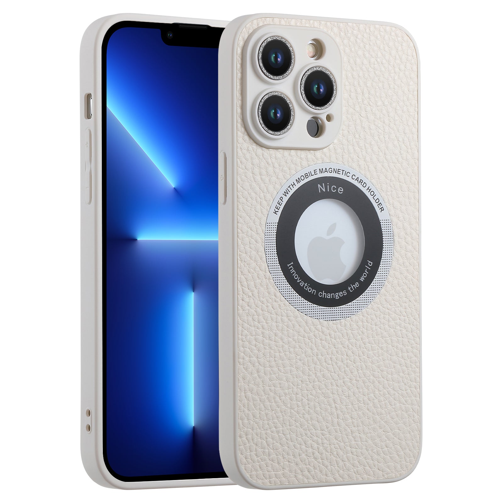 For iPhone 13 Pro Max Compatible with MagSafe Phone Case Glitter Glass Lens Film Leather Coated TPU Cover